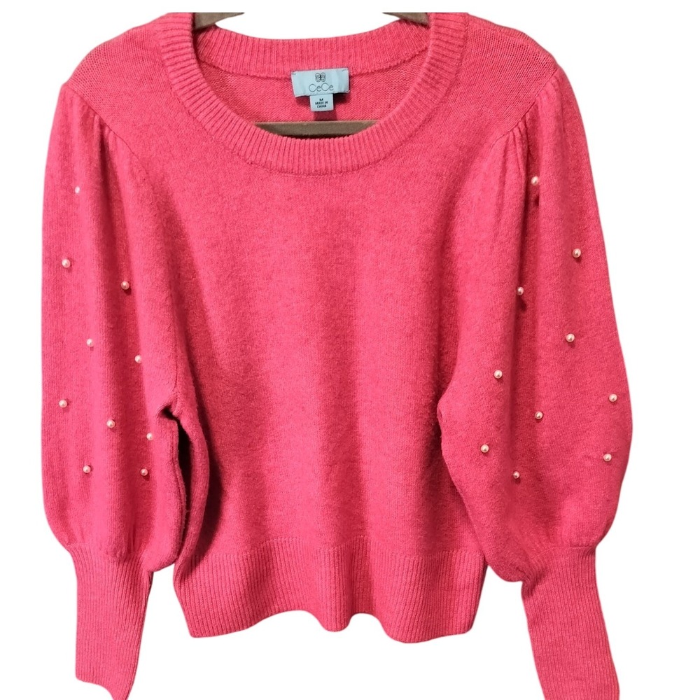 CeCe Women's Bright Pink Pearl Accent Puff Sleeve Sweater Crew Neck Size Medium
